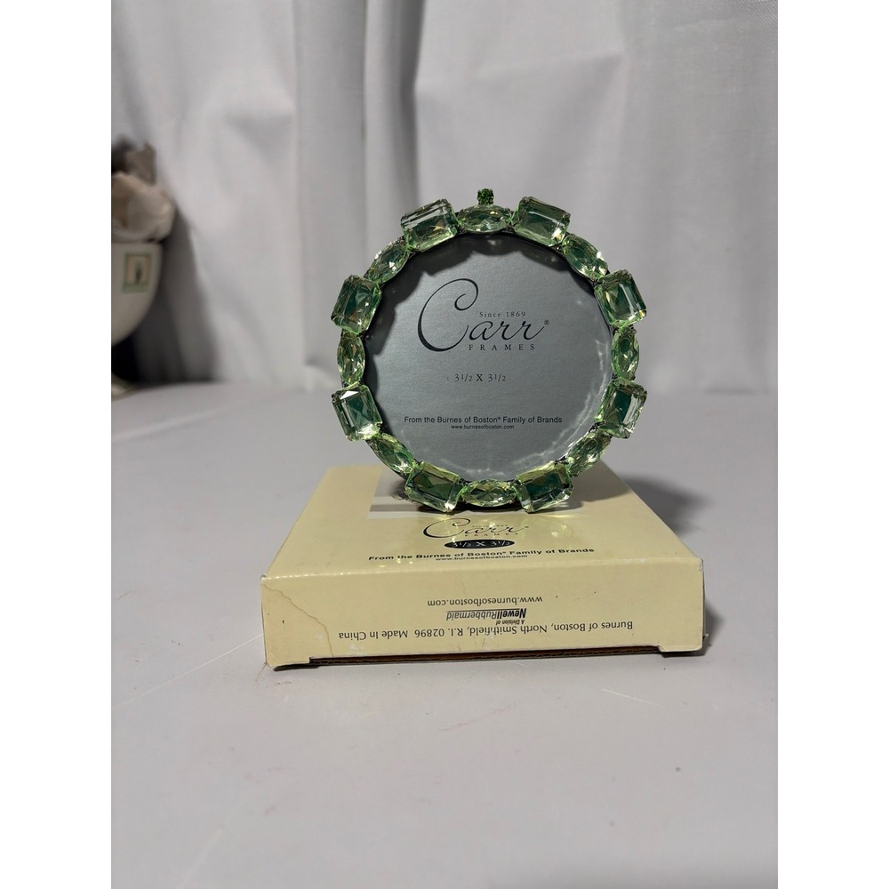 Carr Frames 3.5x3.5 Round Jeweled Picture Frame Green Crystal Burnes of Boston